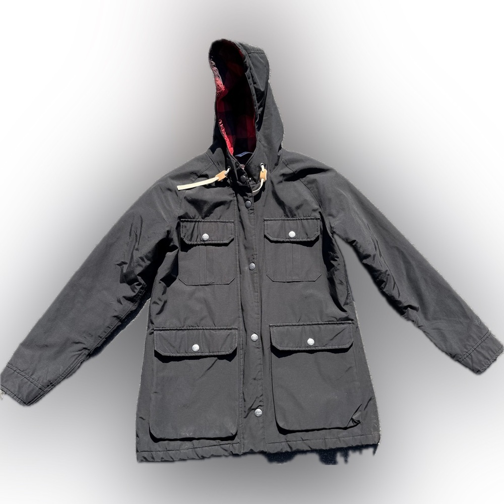 Woolrich Women’s Black Hooded Parka Jacket with Red Plaid Lining